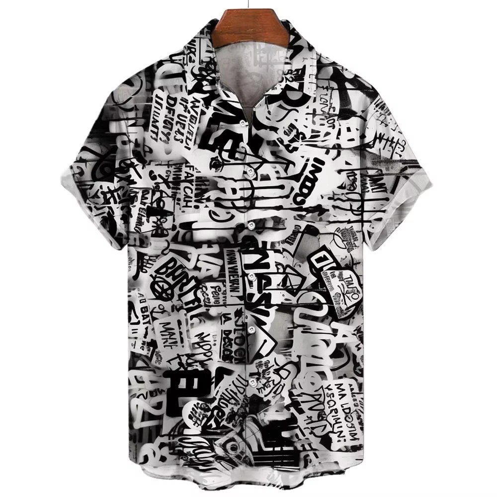 Mens Button Down Shirts Graffiti Printed Hawaiian Colour Top Summer Gift Shirt