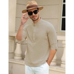 Men’s Shirts Henry Collar Soft Casual Spring Clothes Solid Color Long Sleeves Co