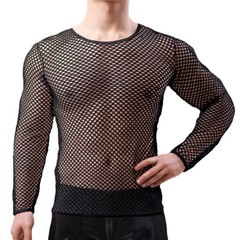 Mens Fishnet Shirts Mesh Transparent Long-Sleeve Muscle T-Shirt Undershirt Tops