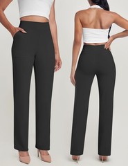 Womens Yoga Pants Straight Leg Stretchy Work Pants High Waist Pull On Busines…