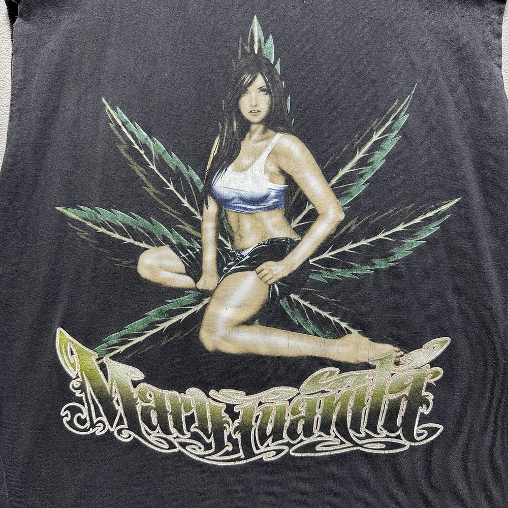 Vintage Weed Tee Shirt Mens L Black Sleeveless Mary Juanita Graphic Sexy Girl