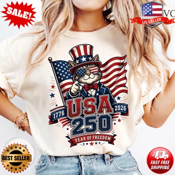 250th Anniversary USA Cat Shirt, Patriotic Cat 1776-2026 USA Cat T-Shirt, S-5XL
