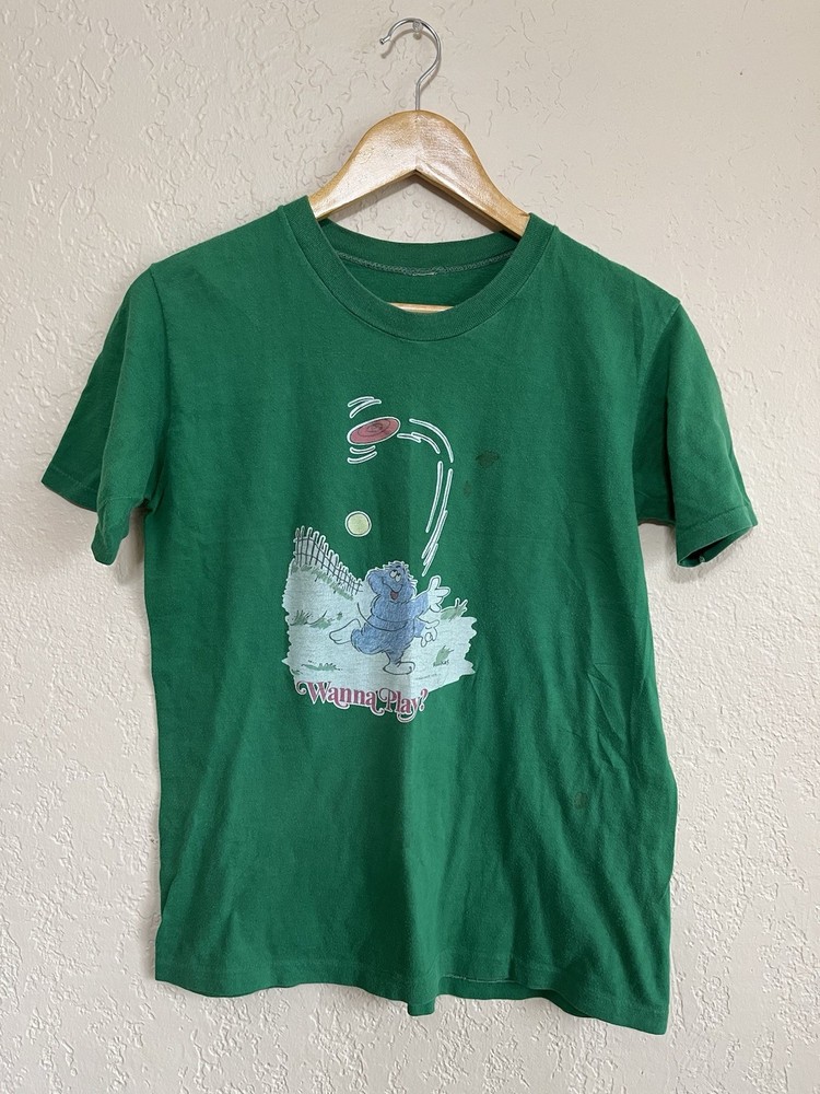 1975 True Vintage Fran Mar Wanna Play? Waterprint Vintage Tee Shirt Green 70’s