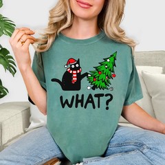 Funny Black Cat Christmas Tree T-Shirt Retro Holiday Graphic Tee Comfort Colors