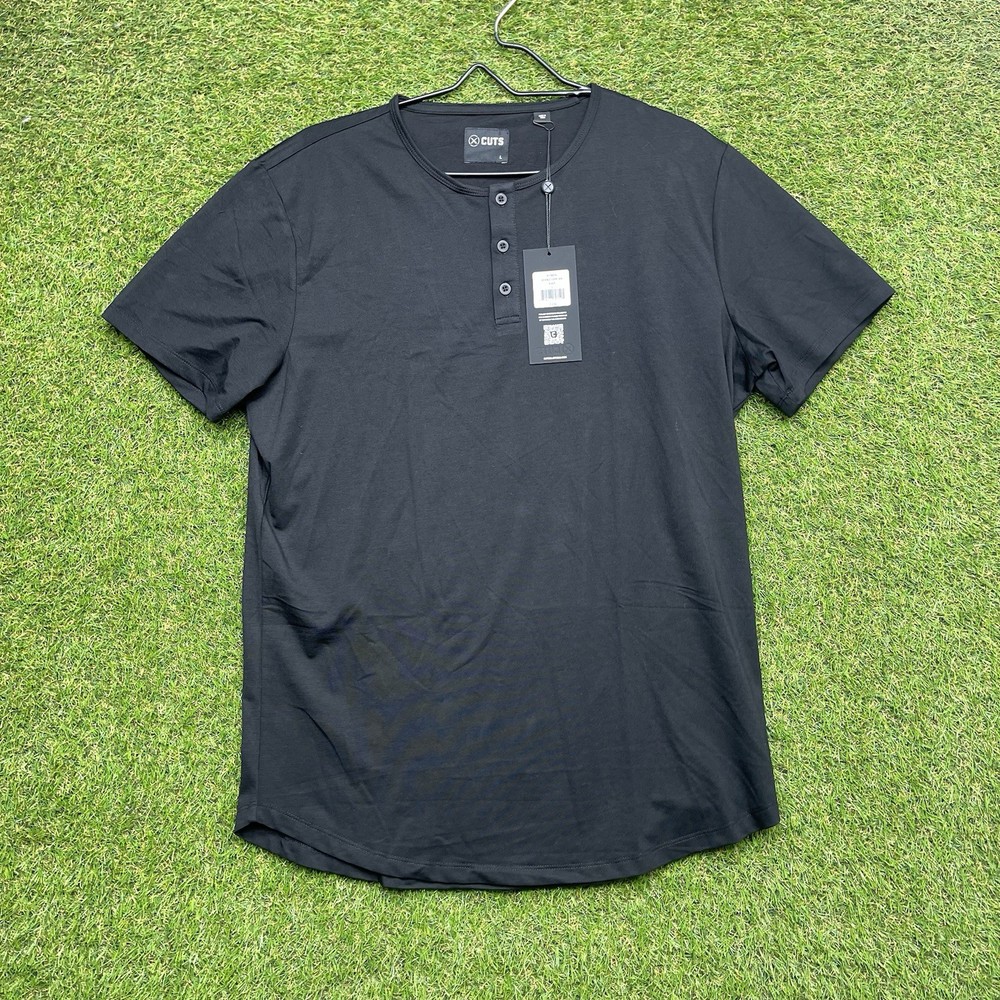 Cuts Clothing Henley Shirt Mens Large Short Sleeve Curve-Hem Fit Black NWT