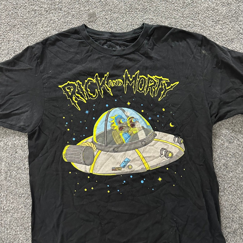 Rick and Morty T-Shirt Mens Size M Black Graphic Adult Swim Spaceship Cotton