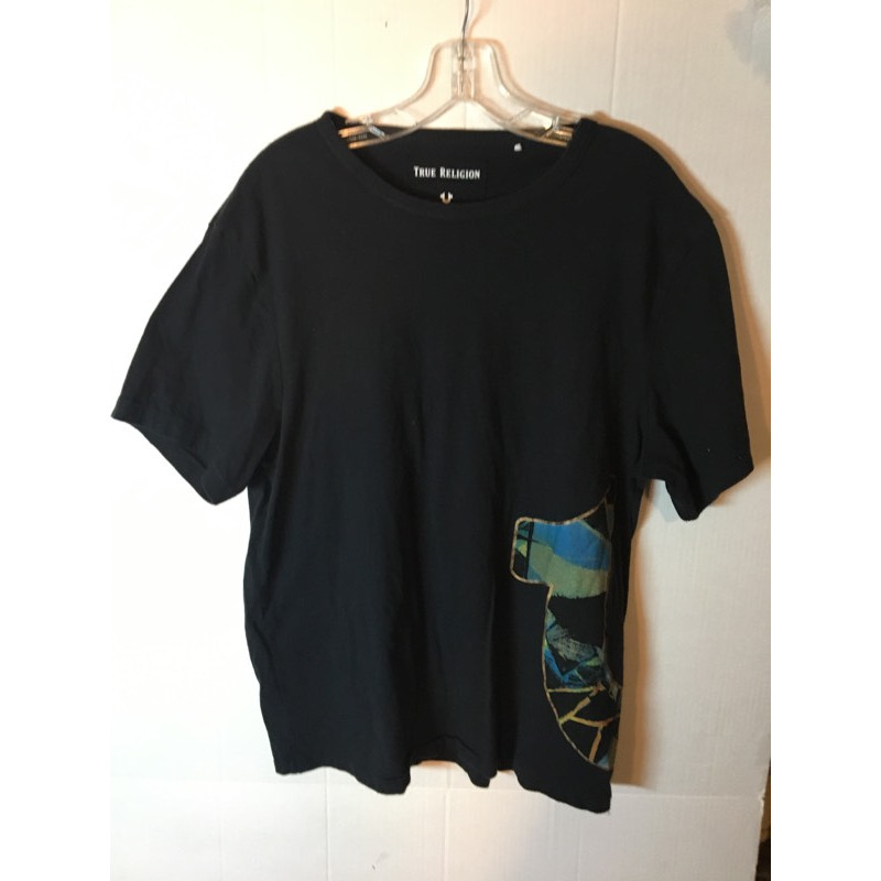 True Religion Stained Glass Graphic T-Shirt Men’s XL Black Scoop Neck Big Logo