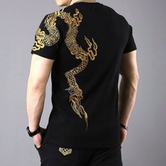 Mens Japanese Pattern Embroidery Gold Dragon T-Shirt Stretch Black Short Sleeve