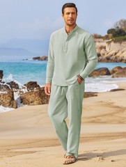 COOFANDY Men’s 2 Pieces Cotton Linen Set Long Sleeve Henley Shirts Casual Beach