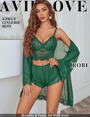 Womens Lingeries Set Lace Robe Sexy Bra and Panty Sets Babydoll Dress Green