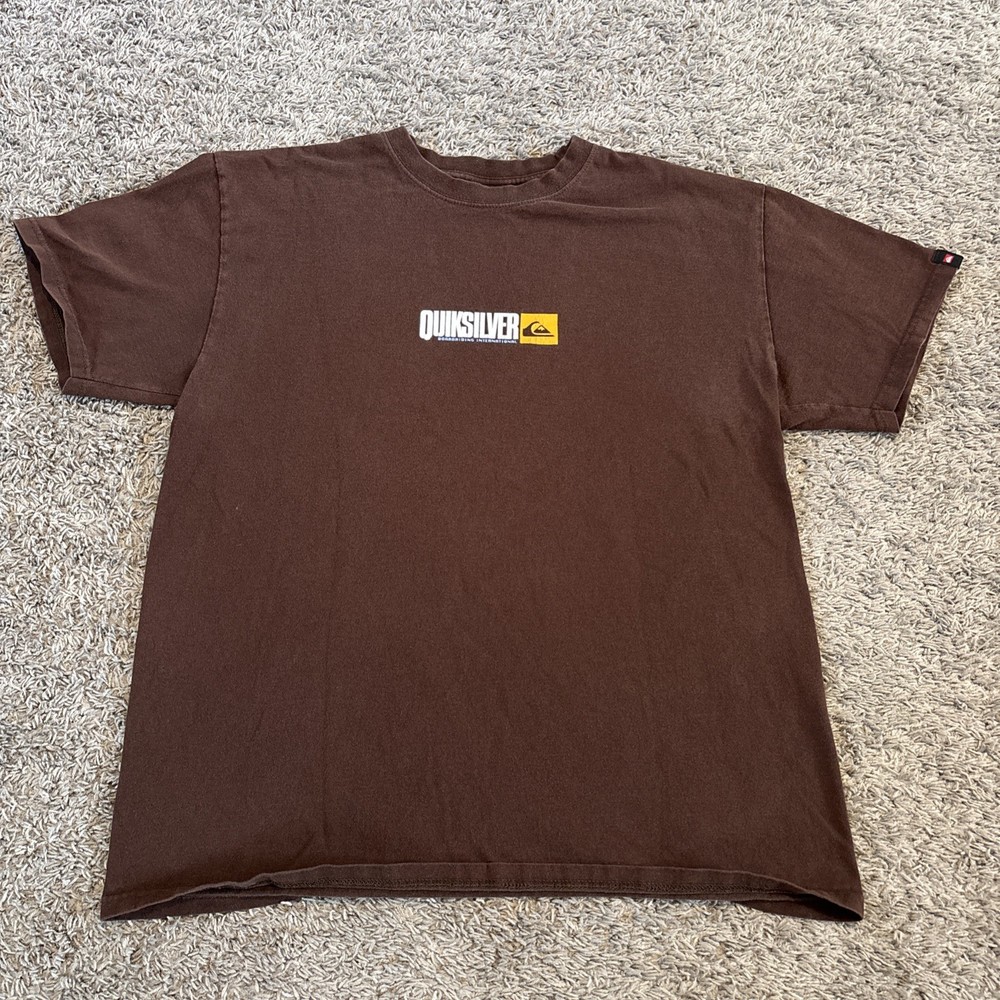 Vintage Y2k Quiksilver T Shirt Box Logo Brown Skate Streetwear Surf Size Large L