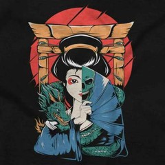 Traditional Geisha Split Face Skull Dragon Long Sleeve Tshirt for Men or Women