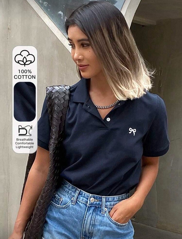 Polo Short Fitted Women Summer Business Casual Preppy Navy Blue T-Shirt Tops