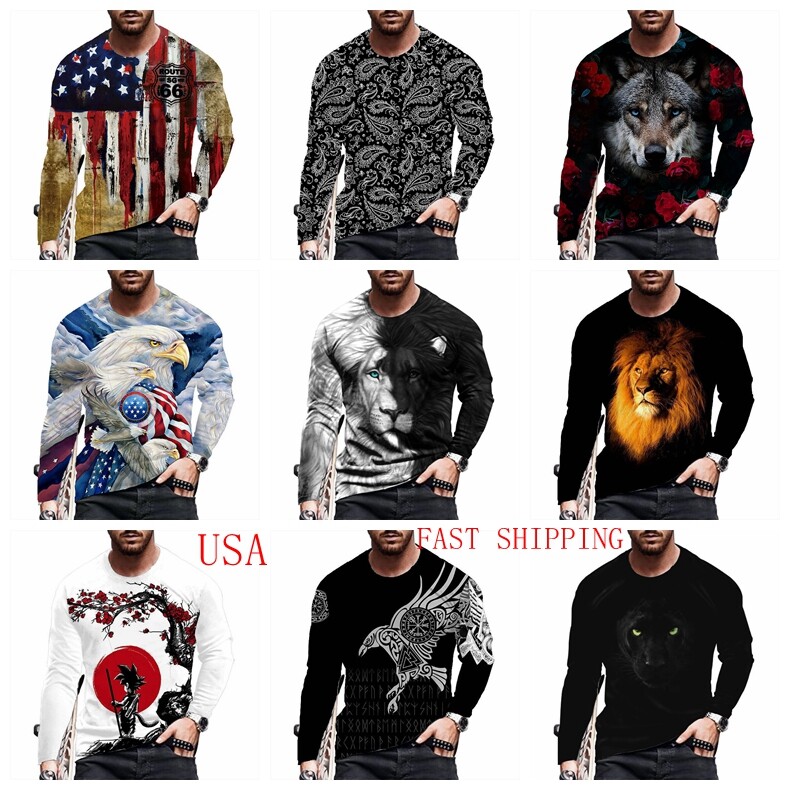 T Shirts Men Fashion Long Sleeve USA Flag Cross Graphic Print T-Shirt Silky Soft