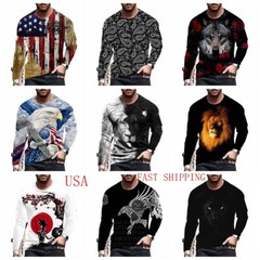 T Shirts Men Fashion Long Sleeve USA Flag Cross Graphic Print T-Shirt Silky Soft