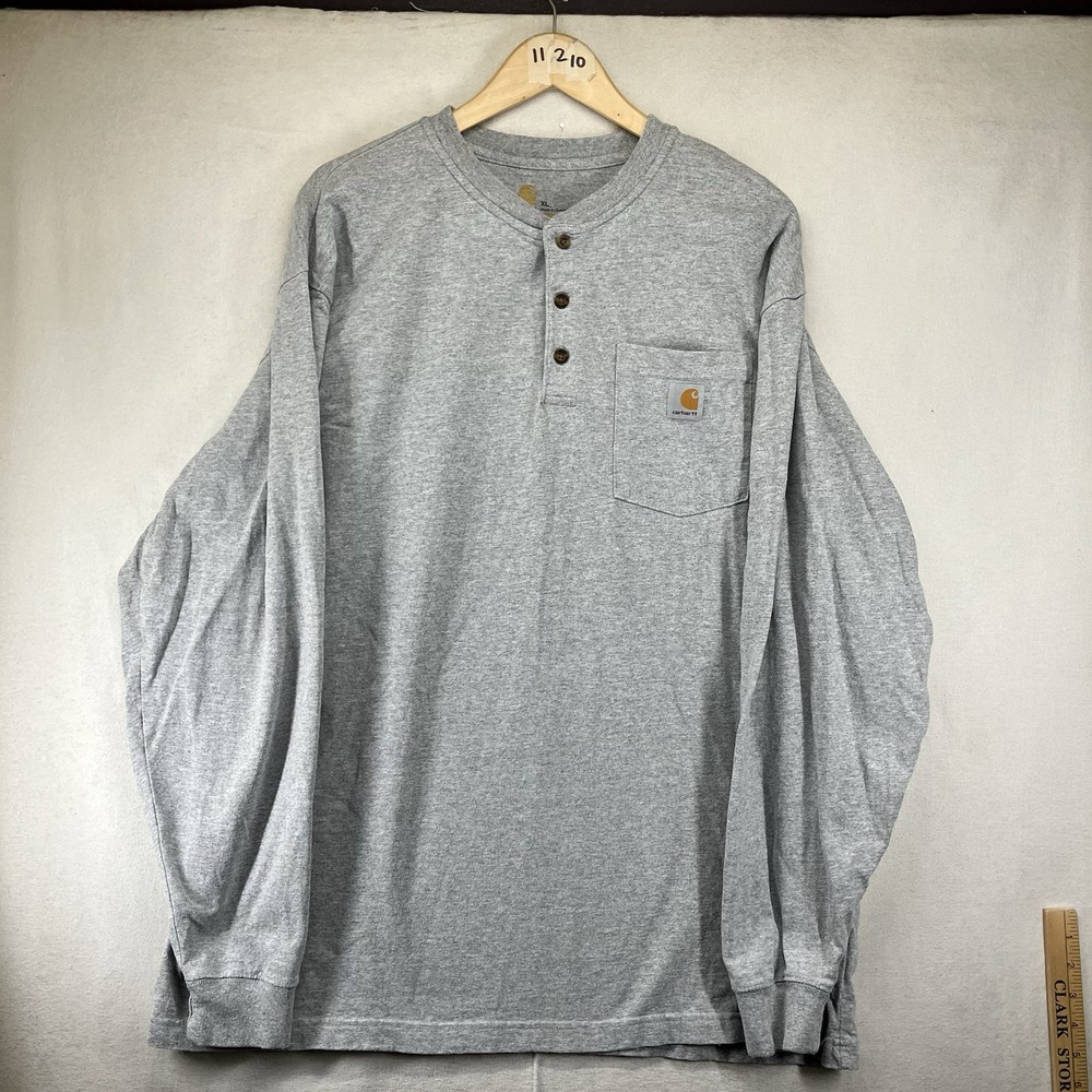 Y2K Carhartt T Shirt XL Heather Gray Henley Neck LS Heavy Cotton Blend 2016 EUC