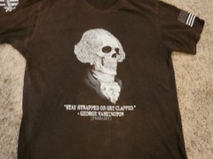 George Skeleton Stay Strapped or Get Clapped Graphic TShirt Black Size XL Funny