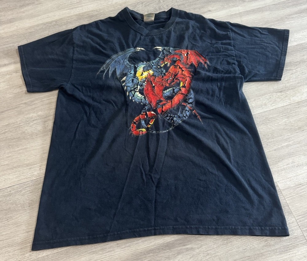 Vintage 1994 Liquid Blue Red and Blue Dragons Black shirt Large