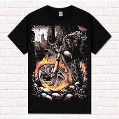 Biker style T-Shirt. Skeleton on a Burning Motorcycle.