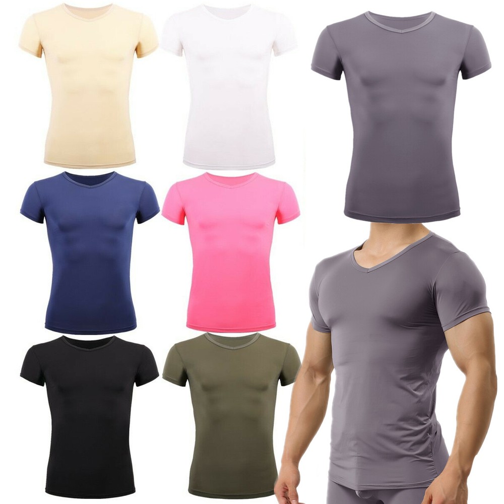 Men’s Smooth T-Shirt Sheer Gym V-Neck Tops Slim Fitness Soft Tight Short Tee Hot