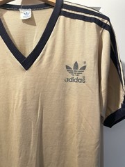 Vintage 70s 80s ADIDAS Trefoil V-Neck Athletic Ringer T Shirt Khaki Navy 50/50 L