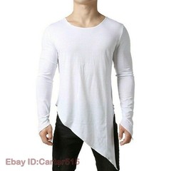 Mens Asymmetric Slit Hem Summer T-shirt Top Tee Long Sleeve Pullover Shirt Hot