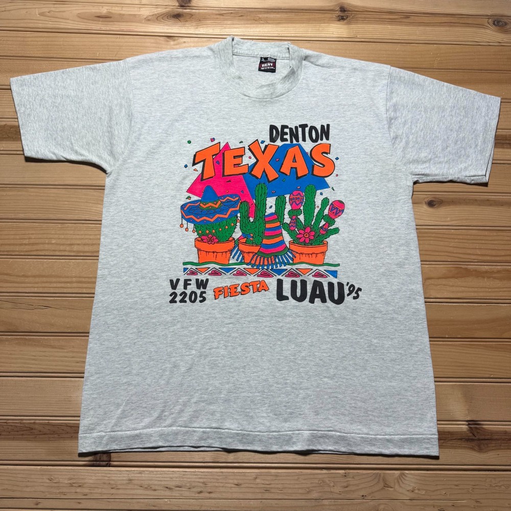 Vintage 1995 Denton Texas VFW Fiesta Luau Cactus Party Graphic T-Shirt USA Large