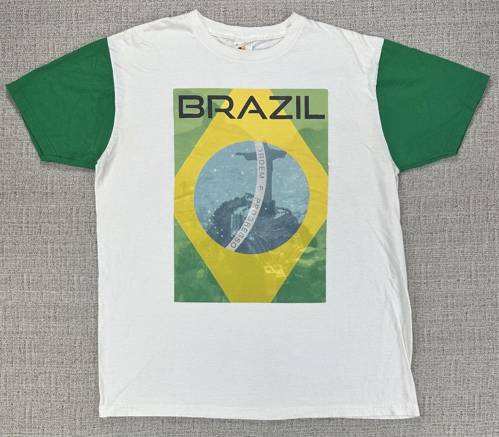 Bay Island Sportswear Brazil Shirt Mens Large Christ the Redeemer Flag Graphic