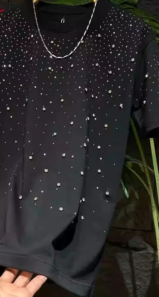 New Fashion Men Trendy Rivet Starry Sky Rhinestone Diamond Summer Luxury T-Shirt