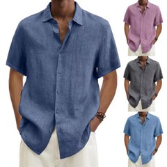Mens Cotton Linen Short Sleeve Dress Shirt Button Down Loose Blouse Tops Solid