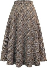 Women’s Long Plaid Wool Skirt High Waist A-Line Pleated Tartan Winter Skirt