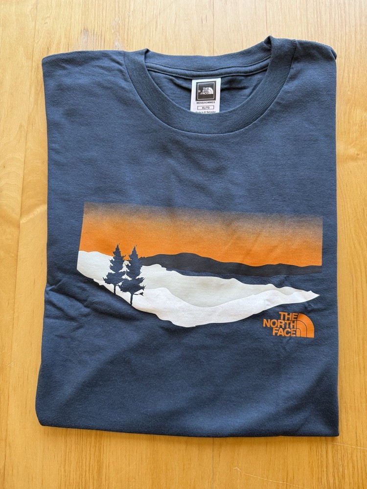 The North Face XL Blue Graphic T Shirt Outdoor Mountain Sunset Logo Tee Men NWOT