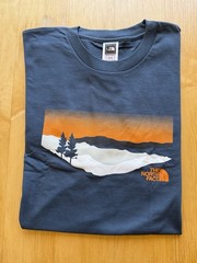 The North Face XL Blue Graphic T Shirt Outdoor Mountain Sunset Logo Tee Men NWOT
