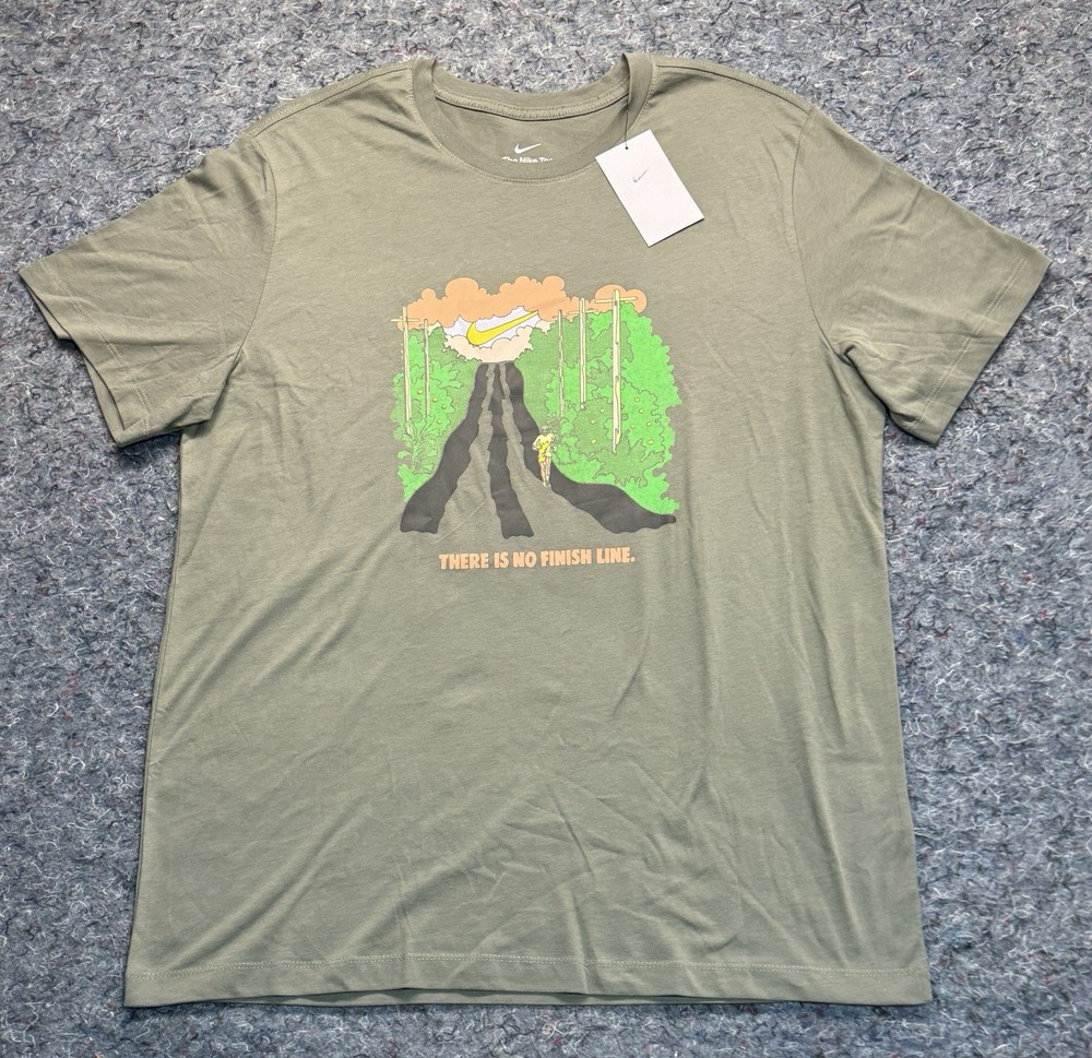 Nike Tee Shirt Mens XL Olive Running Graphic There Is No Finish Line Classic Fit