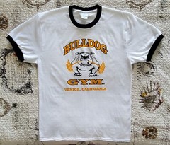 Bulldog Gym Venice Beach California White / Black / Vintage Gold Ringer T-Shirt
