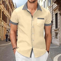 Camisa Con Botones Elegante De Manga Corta Para Hombres Sólida Cuello Levantado