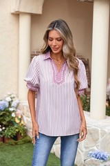 Womens Summer Lapel Collar V Neck Short Puff Sleeve Office Blouses Striped Co…