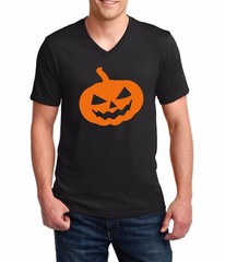 Mens V Neck Pumpkin #2 T Shirt Autumn Fall Halloween Party Holiday Tee