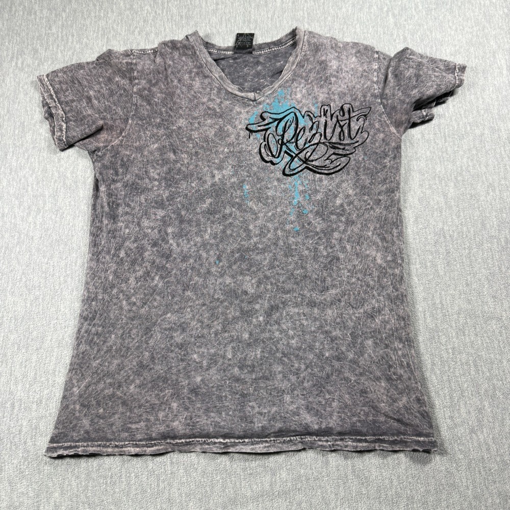 RZST T-Shirt Men M Gray V-Neck Graphic City of Angels Grenade Wings Acid Wash