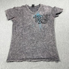 RZST T-Shirt Men M Gray V-Neck Graphic City of Angels Grenade Wings Acid Wash