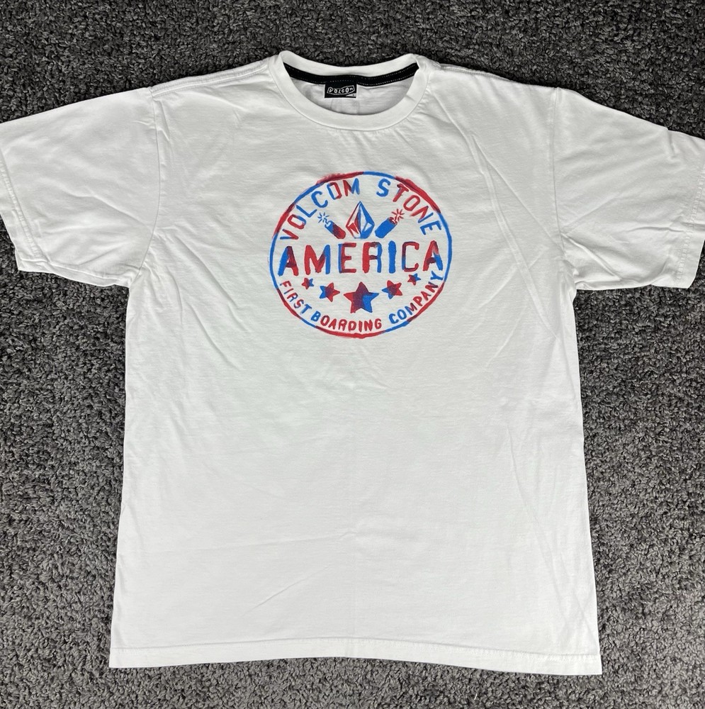 Y2K Volcom Stone First Boarding Company Mens L White USA Patriotic, RWB July 4th