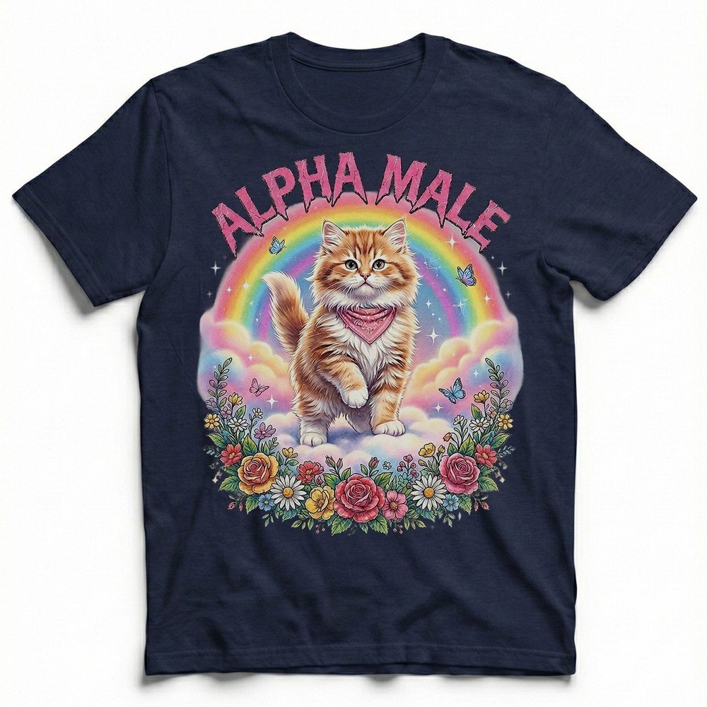 Alphamale Cat Rainbow Flowers Cute Kitten T-Shirt Whimsical Fantasy Kitty Tee