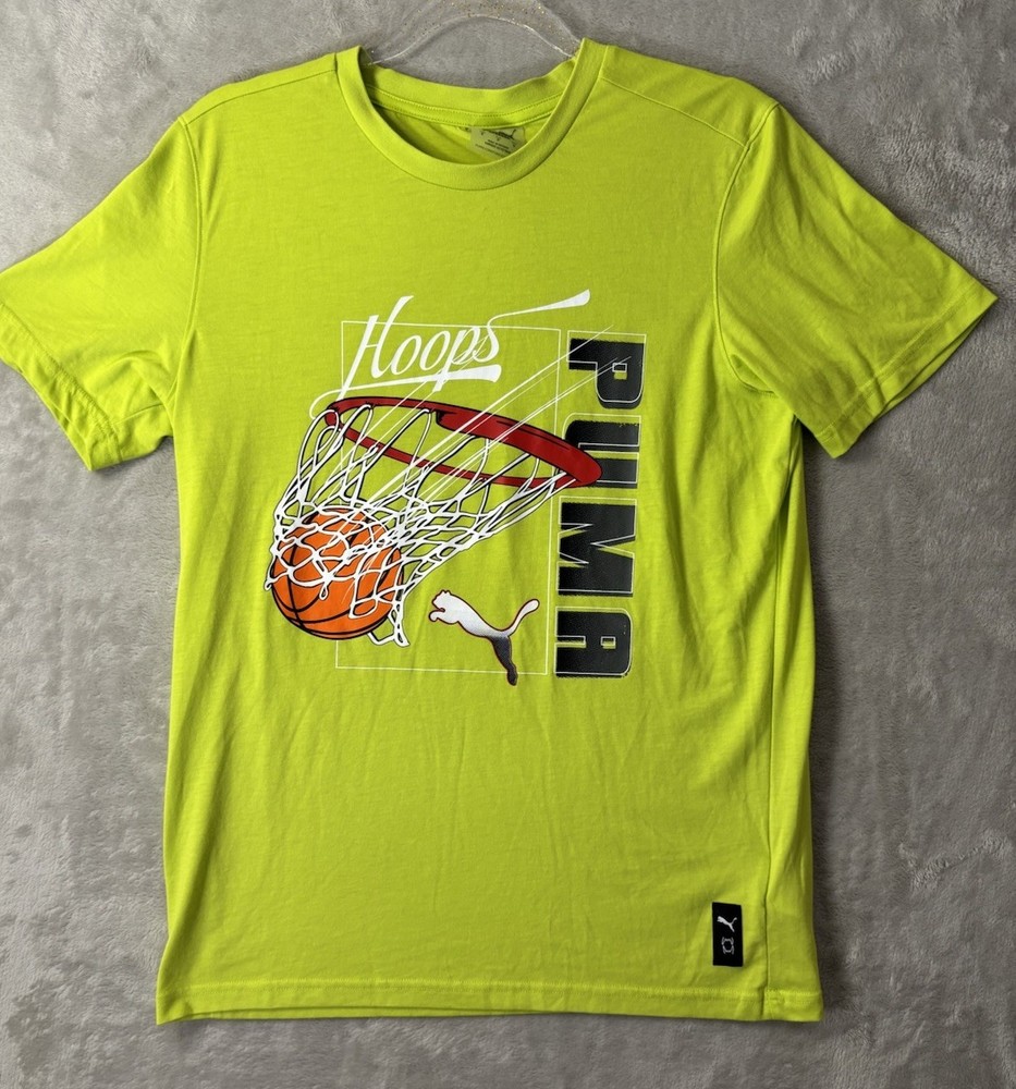 Puma Hoops Basketball Tee Neon Yellow Graphic Athletic Shirt Mens Small