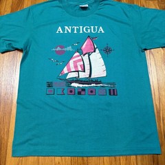 Vtg 90s Hanes Heavyweight 50/50 Antigua T Shirt Large Single Stitch Teal Beach