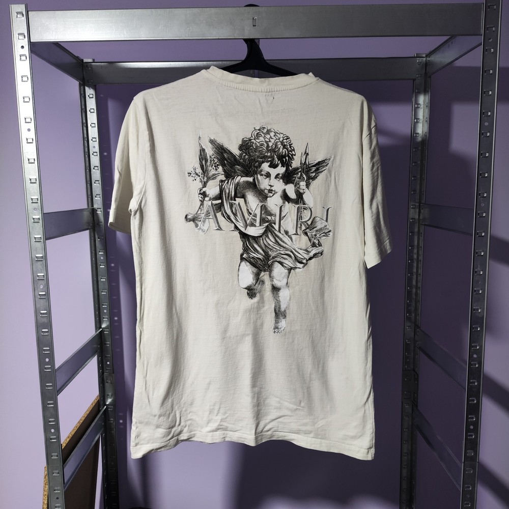 Amiri Angel Cherub Engraving Graphic Tee Cream White Designer Size L