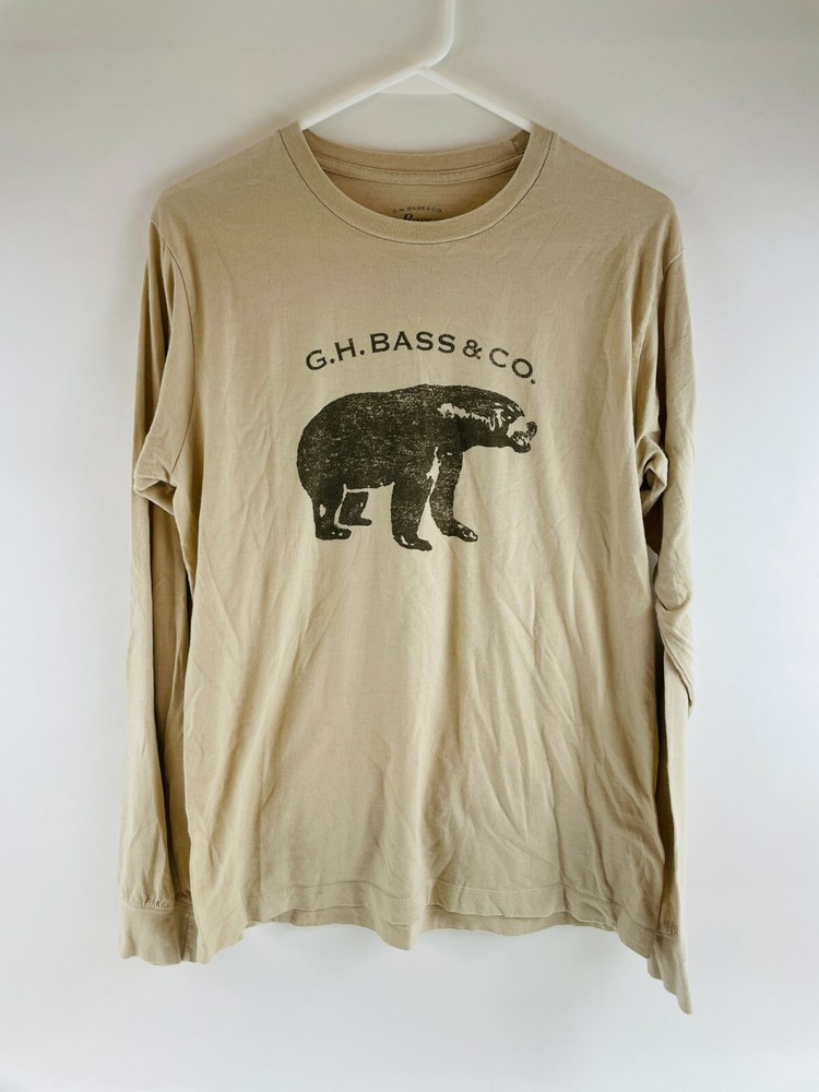 G.H. Bass & Co. T-Shirt Men’s Size Medium Tan Long Sleeve Crew Neck *Bear Print*
