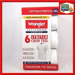 Wrangler Men Crew Neck Undershirts White Cotton Stretch T Shirts 6 Pack Size 2XL