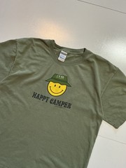 Vintage 2001 Y2K Happy Camper Smiley Face Jim Olive Green Graphic T-Shirt Sz. L