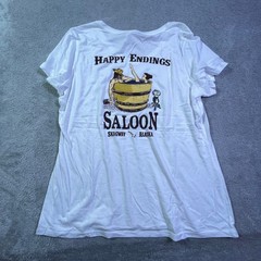 Happy Endings Saloon Skagway Alaska Graphic V Neck T Shirt Mens XL White