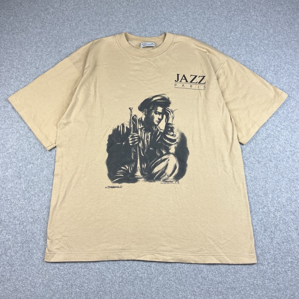 Vintage Jazz T Shirt Mens Large Danhilo Paris Beige Single Stitch Paper Thin 80s